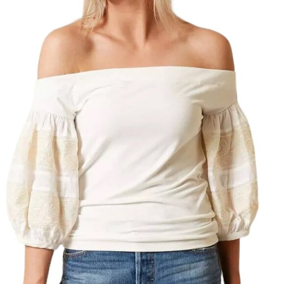 Free People Rock With It Off-Shoulder Embroidered 3/4 Sleeve Blouse Cream Medium - Picture 1 of 7